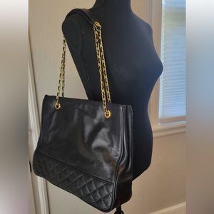 Quilted Leather Tote with Gold/Black Chain